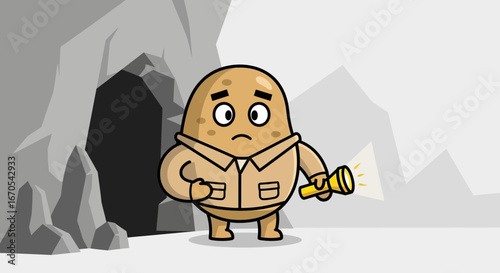 Potato Explorer With Flashlight Cartoon Character Adventure In Cave Entrance