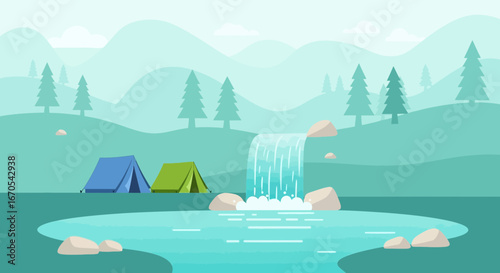 Serene camping scenery with tents, a waterfall, and mountain backdrop ideal for outdoor adventure promotion