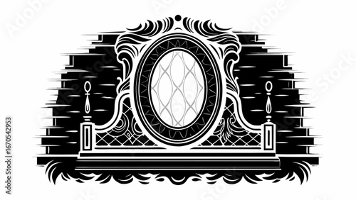 Ornate oval frame with decorative elements and a lattice pattern in a monochrome design style image |  editable eps vectors silhouette