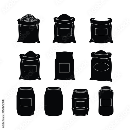 Set of bulk goods silhouette icons, illustrating storage and packaging solutions for various items like grains, seeds, or powders, presented in a clear vector graphic