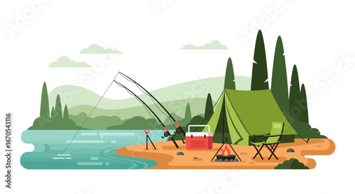 Serene camping spot with fishing gear and lush greenery provides relaxation landscape