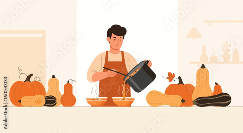 Preparing Tasty Autumn Pumpkin Soup Man in Apron Cooking at Home