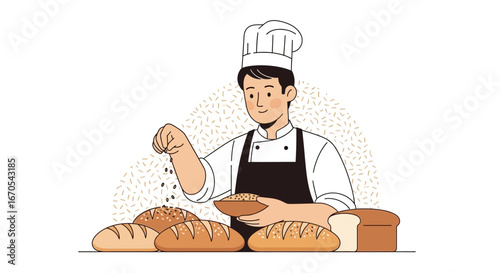 Professional Baker Decorating Freshly Baked Breads with Seeds in a Bakery
