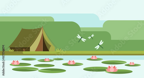 Serene campsite illustration with tent, dragonflies and water lilies in a minimalist style