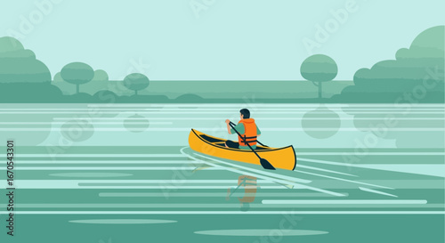 Serene Canoe Adventure On The Lake Vector Illustration In Green Pastel Colors