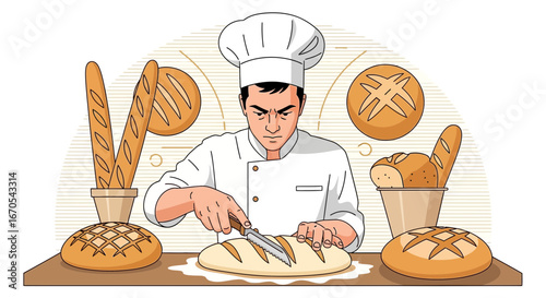 Professional Baker Slicing Fresh Bread in a Bakery Illustration Style
