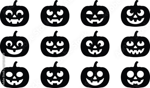 Collection of 12 hand drawn halloween jack o lantern faces