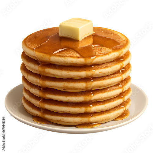 Stack of pancakes with butter and syrup isolated on transparent background
