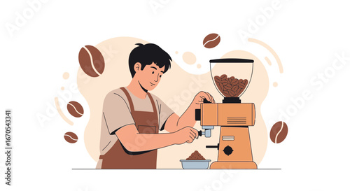 Professional Barista Preparing Delicious Coffee With Vintage Grinder In Coffee Shop