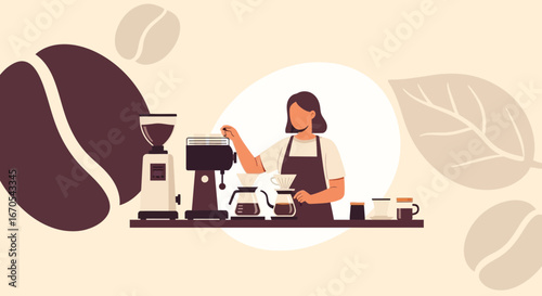 Professional Barista Preparing Specialty Coffee in a Modern Cafe Setting Illustration