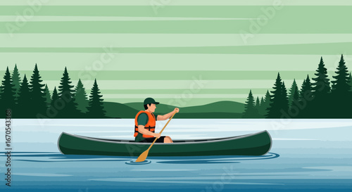 Serene Canoe Ride Through Calm Waters Amidst Evergreen Forest Scenery