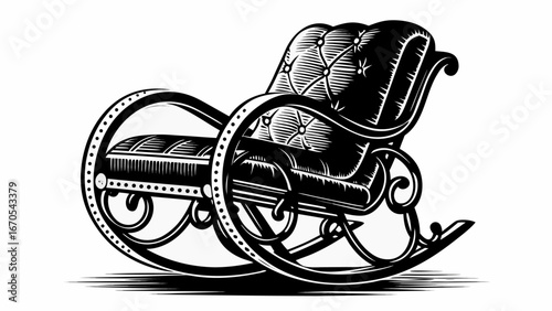 Illustration of a rocking chair with tufted upholstery and curved design elements on a white background |  editable eps vectors silhouette