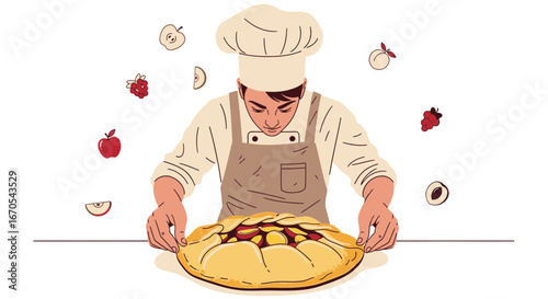 Professional Chef Preparing Delicious Fruit Galette In An Artistic Illustration