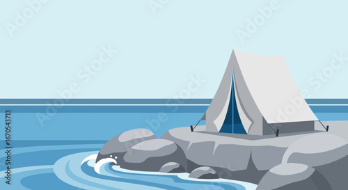 Serene Coastal Camping Tent Vacation On Rocky Shore Illustration Minimalist Style