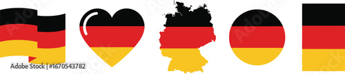 Germany Flag Vector Set - Round, Heart, Map, and Waving Styles

