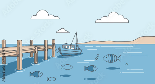 Serene Coastal Scene With Pier Boat And Fish Illustration Vector Graphic