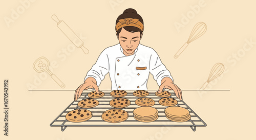 Professional Pastry Chef Preparing Chocolate Chip Cookies On Baking Rack