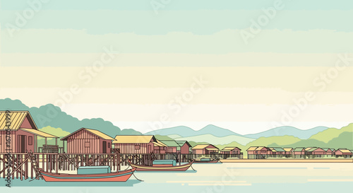 Serene Coastal Village Houses On Stilts And Boats With Mountain Backdrop