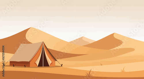 Serene desert camping adventure illustration featuring a traditional tent and sand dunes under a calm sky