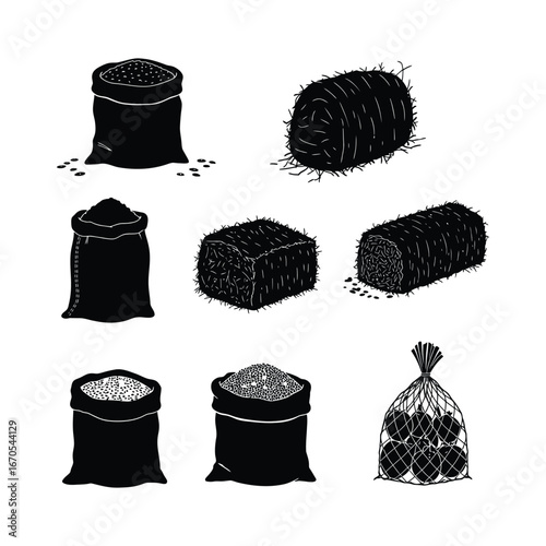 Collection of illustrations bulk goods silhouette in monochrome, capturing the essence of sacks, hay bales, and various agricultural elements, ideal for design