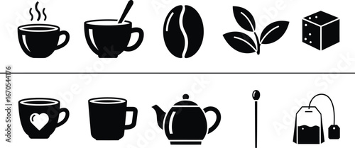 Coffee and Tea Solid Icon Set - Warm Beverage Icons Collection

