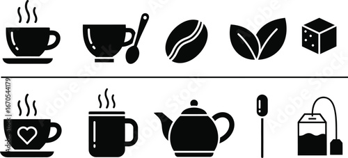 Coffee and Tea Solid Icon Set - Warm Beverage Icons Collection

