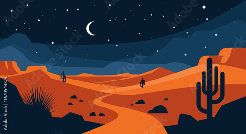 Serene Desert Landscape Under Night Sky With Crescent Moon And Stars