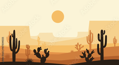 Serene Desert Landscape With Cactus Silhouette At Golden Hour Scenery