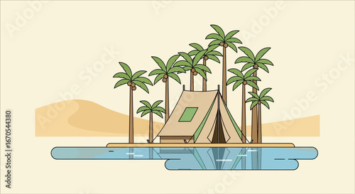 Serene desert oasis camping scene with palm trees tent and water reflections