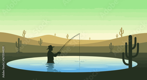 Serene Desert Oasis Scene Featuring Silhouette Fisherman Casting in Water Hole