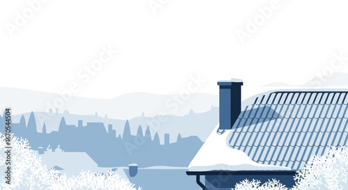 Quiet Winter Scene With Snowy Roofs And Distant Mountain Range View