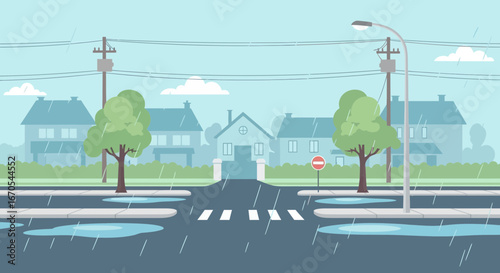 Raining Scene Of Street With Houses Trees And Sidewalk On A Gloomy Day