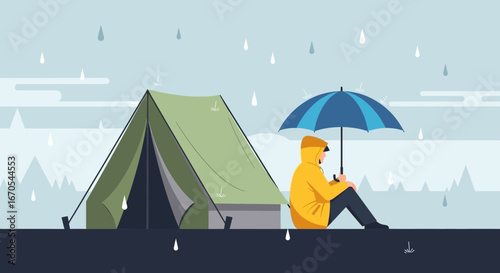 Rainy Adventure Man Sitting Outside a Tent With an Umbrella Camping