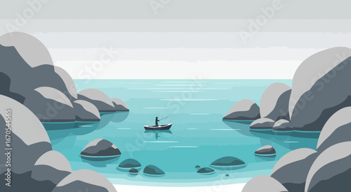Serene Fishing Adventure: A Tranquil Boat Ride Amidst Rocky Shores and Calm Waters