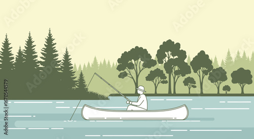 Serene Fishing Adventure Man Relaxing in Canoe on Calm Lake Surrounded by Nature