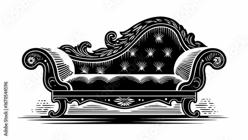 Elaborate chaise lounge with ornate details and tufted back in black and white illustration style |  editable eps vectors silhouette