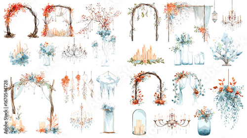 Description: Romantic watercolor illustration of wedding arches, chandeliers, candles, and floral arrangements in elegant rustic style, ideal for wedding decor and event design.