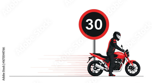 Red Motorbike Rides In Safe Speed With Road Sign On Urban Area