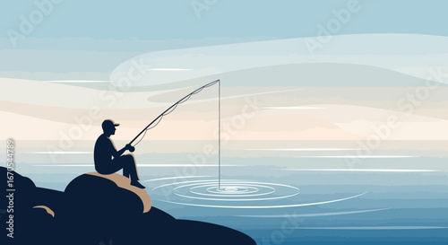 Serene fishing scene depicting a man fishing from a rock in calm waters at dawn
