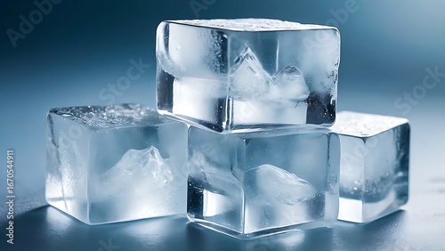 Stack of clear ice cubes on a reflective surface