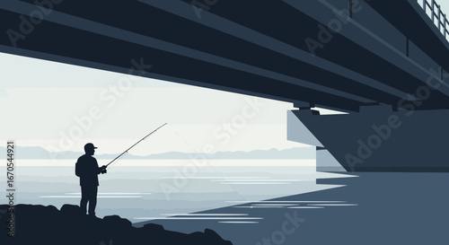 Serene fishing scene under a bridge: a silhouette against a tranquil water backdrop