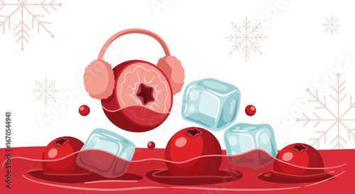 Refreshing Cranberry Delight Winter Beverage Illustration With Iced Cubes And Earmuffs