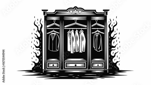 Illustration of a wooden wardrobe with clothes hanging inside and decorative elements on the sides |  editable eps vectors silhouette