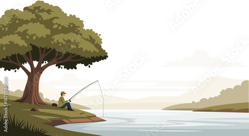 Serene fishing scene with a lone fisherman by the river under a large tree peaceful and relaxing