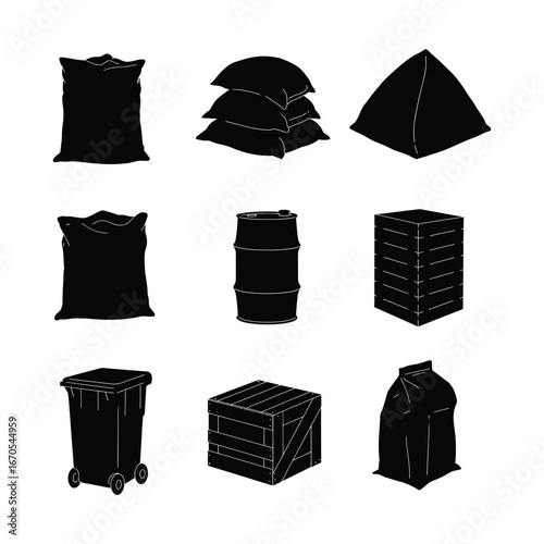 Bulk Goods Silhouette Icons A Collection of Black and White Vector Illustrations for Packaging and Shipping