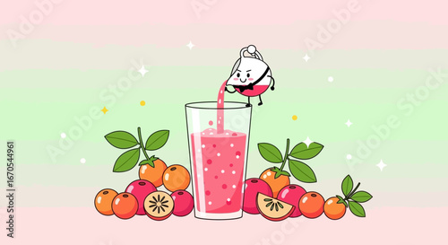 Refreshing Fruit Juice Cocktail Illustration with Cute Teapot Character Design