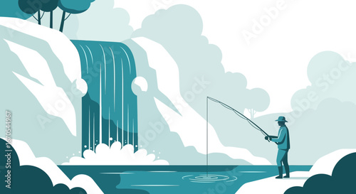 Serene fishing scene with a majestic waterfall backdrop illustration created for design projects and presentations