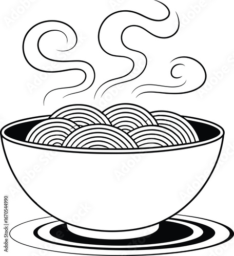 Hand drawn illustration of a steaming bowl of noodles on a plate