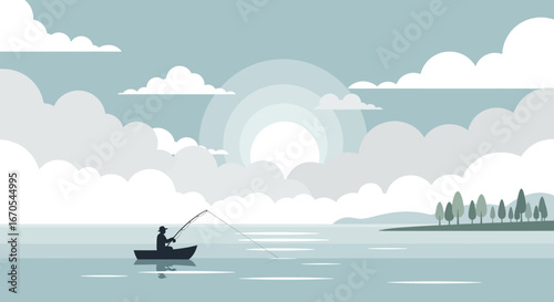 Serene Fishing Scene With Cloudy Sky And Reflections On The Water Surface