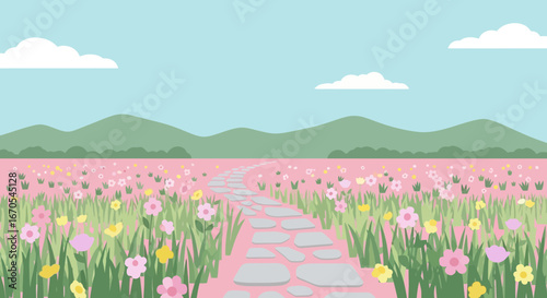 Serene floral landscape with a stone pathway, pastel colors and mountain view idyllic scene